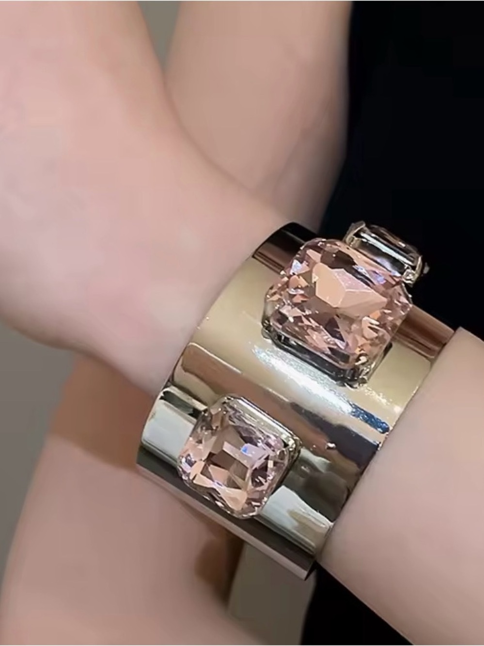 Silver Tone Blush Pink Crystal Statement Cuff Bracelet